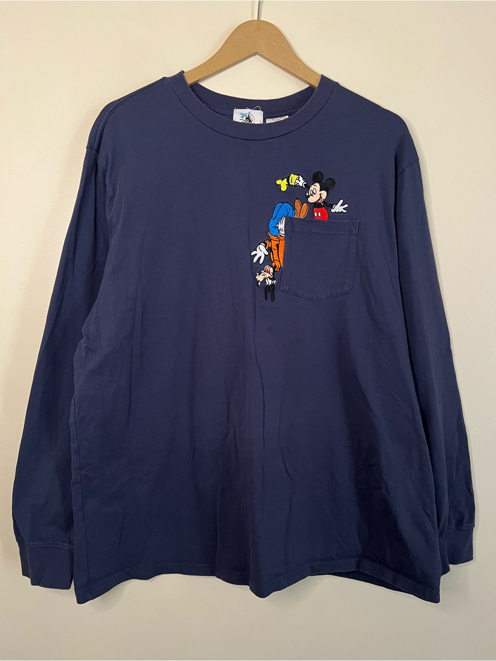 Disneyland Resort Mickey Goofy Embroidered Long Sleeve Pocket T Shirt XL